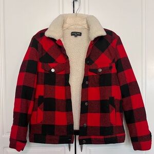 Love Tree Flannel Jacket w/ Sherpa Lining, Red & Black Buffalo Plaid, Size S